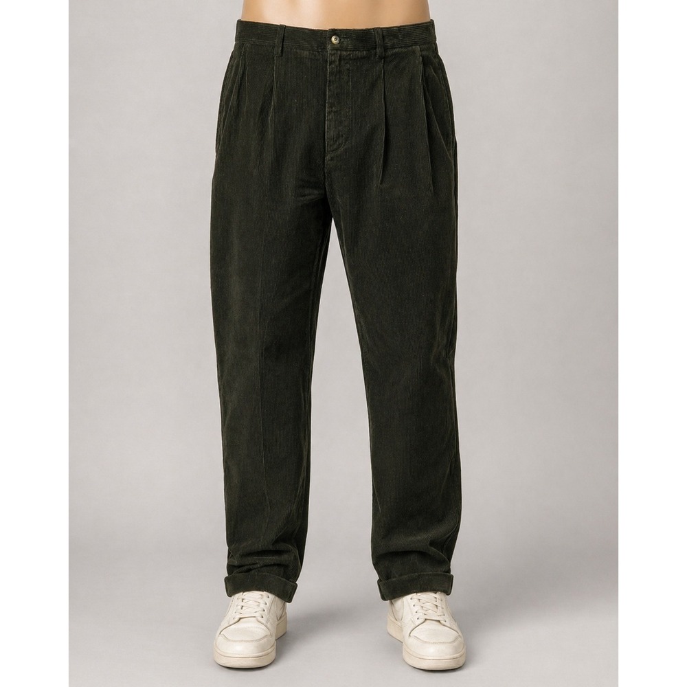 Nautica Mens Pleated Corduroy Pants 36x32 Dark Olive Green Cuffed Relaxed Fit